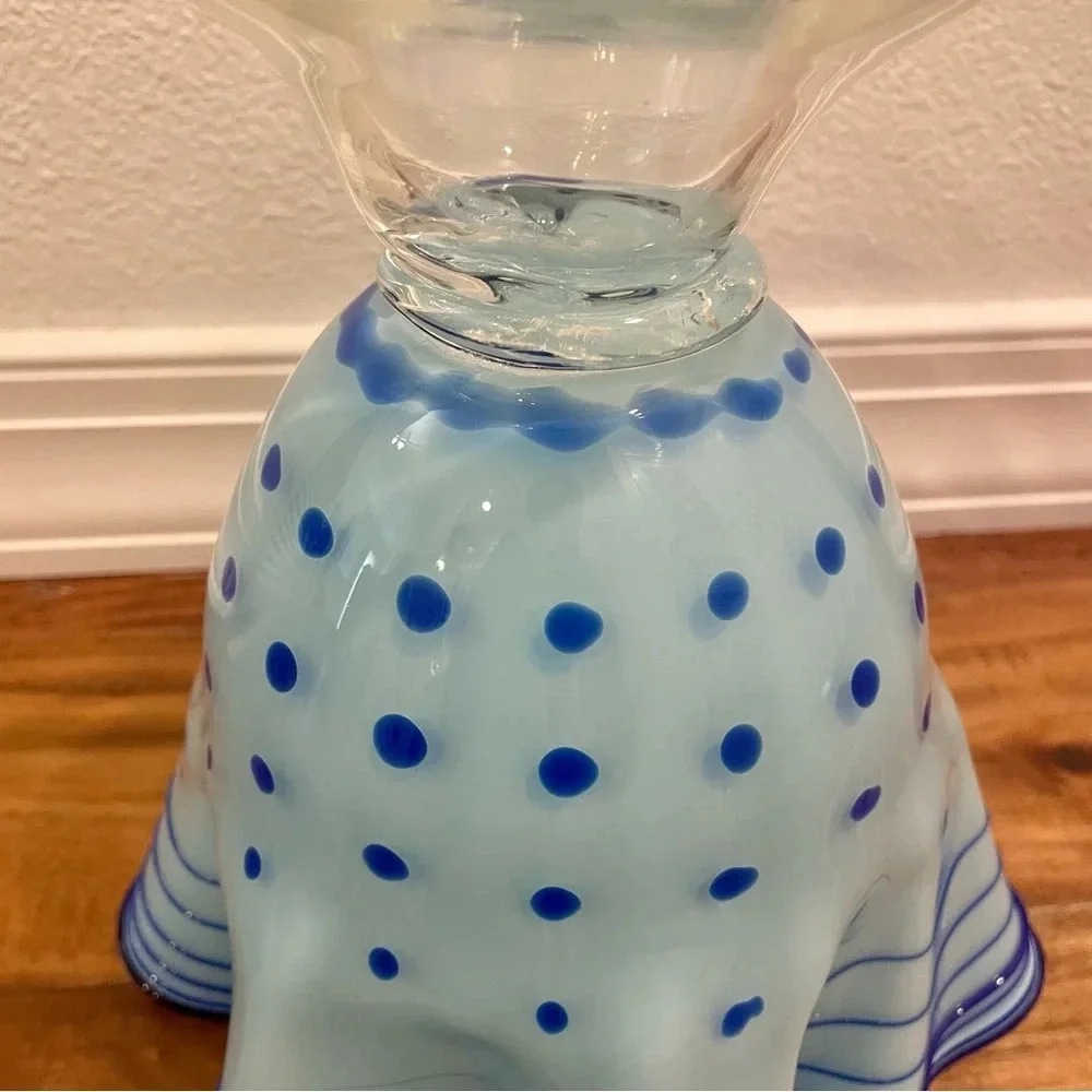 Blue Polka Dot & Stripped Blown Glass Fluted Ruffle Vase Handmade Unique